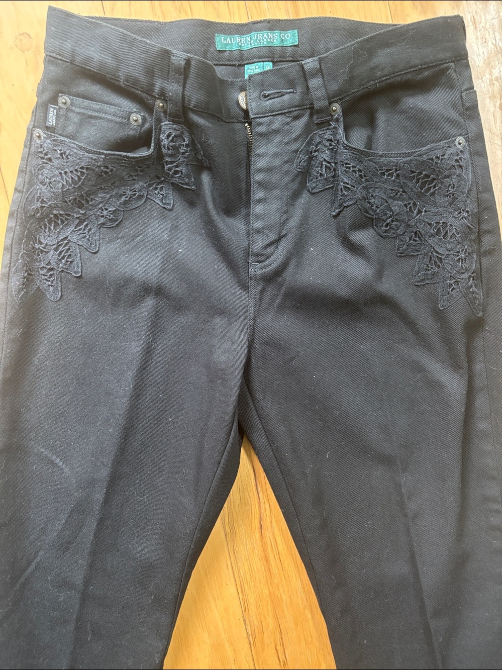 Lauren Jeans Co. black jeans with black lace embellishment size 6 petite